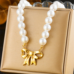 Bowknot Имитация жемчуга белый круглый бисер 304 нержавеющая сталь подвеска или ожерелье, золотые, бантом, 16.54 дюйм (42 см)