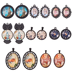 Black DIY Pendant Making, with Alloy Cabochon Setting and Clear Glass Cabochons, Mixed Shapes, Black, Setting: 35~61x28~42x2~3mm, Hole: 2.5~7mm, Cabochon: 24.5~40mm, 32pcs/set