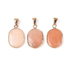 Розовый Авантюрин Натуральные розовые авантюрные подвески, подвески с овальными камнями, с латунным краем и защелкивающимися дужками, золотые, 25~25.5x15.5~16.5x3~4 мм, отверстие : 7x4 мм
