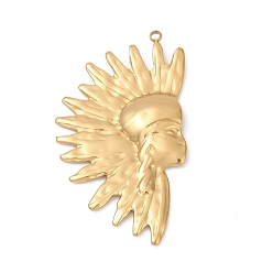 Настоящее золото 18K 304 подвески из нержавеющей стали, ионное покрытие (ip), индийское человеческое лицо амулет, реальный 18 k позолоченный, 49.5x29x4 мм, отверстие : 2 мм