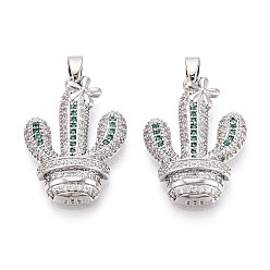 Платина Латунные микро проложить кубического циркония подвески, без кадмия и без свинца, кактус, платина, 24x17x5 мм, отверстие : 5x2 мм