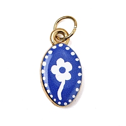 Oval Печать 304 подвески из нержавеющей стали, синие, золотые, овал с цветочной подвеской, 18x9.6x3.6 мм, Перейти кольцо: 6x0.7 мм, внутренний диаметр: 5 мм
