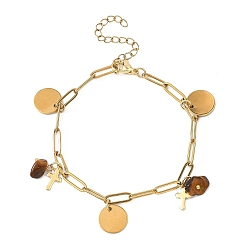 Настоящее золото 18K 304 из нержавеющей стали шарм браслеты, браслеты-цепочки со скрепками для женщин, плоский круглый крест, с натуральным тигровый глаз, реальный 18 k позолоченный, 7-5/8 дюйм (19.5 см)