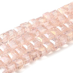 Pink Electroplate Glass Beads Strands, AB Color Plated, Faceted, Cube, Pink, 4~5x4~5x4~5mm, Hole: 1mm, 98~100pcs/strand, 40~43cm