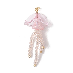 Pink Стекло с большими акриловыми подвесками, медузы прелести, с латунной фурнитурой , розовые, 62~62.5x24 мм, Перейти кольцо: 5x0.8 мм, внутренний диаметр: 3.5 мм