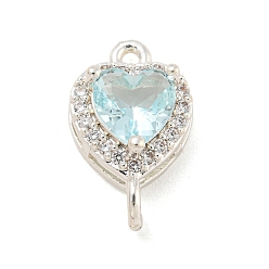 Светло-Голубой Шармы-соединители из латуни с паве из кубического циркония, сердечные ссылки, серебряный цвет гальваническим, Небесно-голубой, 15x9x6 мм, отверстие : 1.2 мм