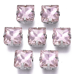 Свет Аметист Шить на горный хрусталь, стекло горный хрусталь, многожильных ссылки, с настройками из нержавеющей стали, аксессуары для одежды, граненые, квадратный, светлый аметист, 9~10x9~10x5 мм, отверстие : 1.2 мм