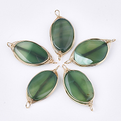 Зеленый Соединители с проволочной обмоткой из натурального агата, с железной проволокой, окрашенные, овальные, золотые, зелёные, 45~60x20~30x5~8 мм, отверстие : 4 мм