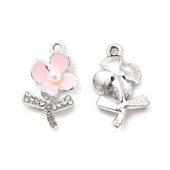 Pink Rhinestone сплава эмали подвески, с абс пластмассовыми жемчужными бисером, , платина, розовые, 19.5x11x4 мм, отверстие : 1.5 мм