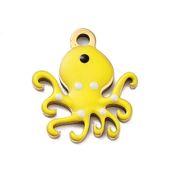 Желтый Ионное покрытие (ip) 201 брелоки из нержавеющей стали, с эмалью, реальный 18 k позолоченный, морское животное, очарование осьминога, желтые, 13.5x12x1.5 мм, отверстие : 1.4 мм
