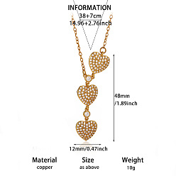 Corazón Colgante de latón con circonitas cúbicas transparentes 304 Collares de cadena de acero inoxidable para mujer, real 18 k chapado en oro, corazón, 14.96 pulgada (38 cm), colgante: 48x12 mm