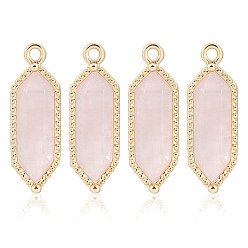 Розовый Кварц 4шт. шестиугольные подвески из натурального розового кварца с огранкой, с латунной фурнитурой , золотые, 21.5x6.5x4.5 мм, отверстие : 1.5 мм