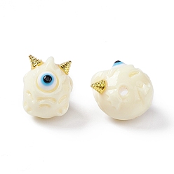 Beige Halloween undurchsichtige Harzperlen, mit Hörnern aus goldfarbener Legierung, Einäugiges Monster, beige, 13x10.5x12 mm, Bohrung: 1.8 mm