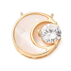 Real 14K Gold Plated Brass Rhinestone Pendants, Moon Charms, with Shell, Real 14K Gold Plated, 15.5x15.5x5.5mm, Hole: 1mm