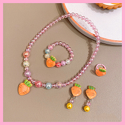 Carrot Фрукты пластиковые ожерелья и браслеты и серьги и кольца наборы для детей, морковь, ожерелья: 380мм; браслеты: 44мм внутренний диаметр; серьги: 40мм; кольца: 14мм внутренний диаметр