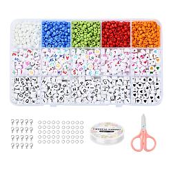 Gemischte Farbe DIY-Schmuck machen Kits, einschließlich 6/0 runde undurchsichtige Farben Glas Rocailles, flache runde Acrylperlen, Elastische Kordel Kristallschnur Kristall Faden, Schere, Alu-Schließen und offene Sprungringe aus Eisen, Gemischte Farbe, Perlen: 1600 Stück / Set