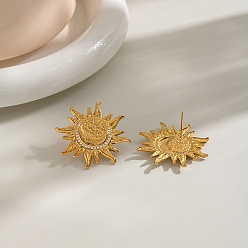 Real 18K Gold Plated 304 Stainless Steel Crystal Rhinestone Sun Moon Stud Earrings for Women, Real 18K Gold Plated, 35x35mm