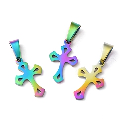 Rainbow Color Ионное покрытие (ip) 304 подвески из нержавеющей стали, для изготовления ювелирных изделий, крестик, Радуга цветов, 19x12x1.2 мм, отверстие : 3.5x7 мм