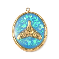 Темно-Голубой 304 подвески из нержавеющей стали, эпоксидной смолы, с натуральными ракушками и пайетками внутри, овал с подвесками в виде китового хвоста, реальный 18 k позолоченный, вакуумное покрытие pvd, глубокое синее небо, 25x18x3 мм, отверстие : 1.5 мм