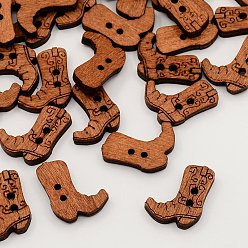 Saddle Brown 2-Hole Wooden Buttons, Shoe Boot Shaped Sewing Buttons, Undyed, Saddle Brown, 21x17x4mm, Hole: 2mm