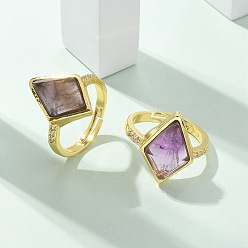 Аметист Кольца с натуральным аметистом в форме ромба, Кольца-манжеты из латуни золотистого тона с кубическим цирконием, стойки покрытие, долговечный, без свинца и без кадмия, ромб: 13x18 мм, внутренний диаметр: 17 мм