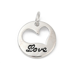Платина Латунь эмаль прелести, с целью перехода в кольце, плоские круглые подвески с сердцем и надписью «любовь», долговечный, без свинца и без кадмия, стойки покрытие, платина, 12.5x1.5 мм, отверстие : 3.5 мм