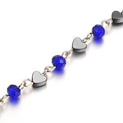 Blue Glass Beads Double Link Chains for Necklaces Bracelets Making, with Non-Magnetic Hematite Beads and Iron Eye Pin, Unwelded, Blue, 39.3 inch
