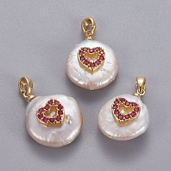 Темно-Розовый Подвески из натурального пресноводного жемчуга, с латунными микро проложить кубических выводы циркония, самородки с сердцем, долговечный, золотые, темно-розовыми, 17~27x12~16x6~12 мм, отверстие : 4x2.5 мм