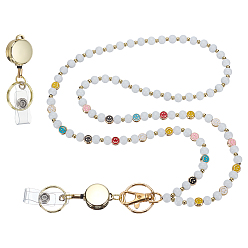 Белый 1шнурок для бейджей с круглой деревянной и разноцветной металлической улыбкой и бусинами, с 1выдвижными держателями для бейджей из АБС-пластика, белые, 18.50 дюйм (47 см)