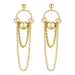 Golden 304 Stainless Steel Round Beaded Dangle Stud Earrings, Chains Tassel Earrings, Golden, 60x40mm