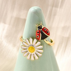 Настоящее золото 16K Латунные эмалевые регулируемые открытые манжеты для женщин, без кадмия и без свинца, божья коровка, реальный 16 k позолоченный, реальный 16 k позолоченный, размер США 8 1/2 (18.5 мм)