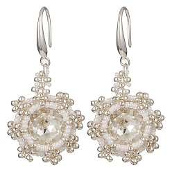 Белый K9 плоские круглые серьги со стеклянными стразами и семенами, латунные серьги, белые, 43x21~22 мм