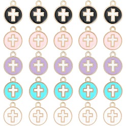 (52) Непрозрачная лаванда 50 шт 5 цвета позолоченные подвески из сплава с эмалью, плоские круглые с крестом, разноцветные, 15x12x1.5 мм, отверстие : 1.6 мм, 10 шт / цвет