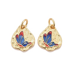 Real 18K Gold Plated Rack Plating Brass Enamel Charms, with Jump Rings, Cadmium Free & Lead Free & Nickle Free, Triangle with Butterfly, Real 18K Gold Plated, 13x10.5x1.5mm, Hole: 3.4mm