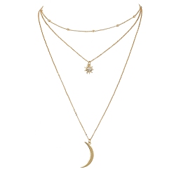Golden Brass Cable & Satellite Chains 3 Layer Necklaces, Moon & Sun Pendant Necklace, Golden, 15.83 inch(40.2cm)