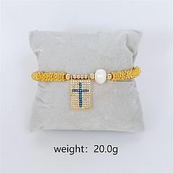 Cross Прямоугольные браслеты с подвесками из латуни в стиле бохо, круглые бусины эластичные браслеты для женщин, с жемчугом и кубическим цирконием, золотые, крестик, внутренний диаметр: 2-3/8 дюйм (6 см)