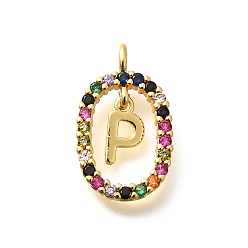 Letter P Латунные микро проложить кубического циркония подвески, без кадмия, без никеля и без свинца, реальный 18 k позолоченный, овал с подвесками в виде букв, Письмо P, 18.5x11x3.5 мм, отверстие : 2x1.5 мм