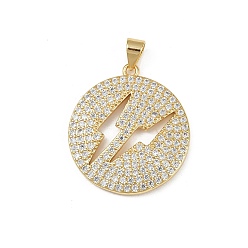 Настоящее золото 18K Латунные микро проложить кубического циркония подвески, плоские круглые с подвесками в виде молний, без кадмия и без свинца, стойки покрытие, долговечный, реальный 18 k позолоченный, 26x23x2 мм, отверстие : 4x3.5 мм