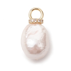 Персиковый Слойка Подвески из гальванизированного стекла с имитацией жемчуга, Подвески с самородками, украшенные латунными микропаве из кубического циркония и застежками-пряжками., реальный 18 k позолоченный, розовые, 22x22~23 мм, отверстие : 4 мм