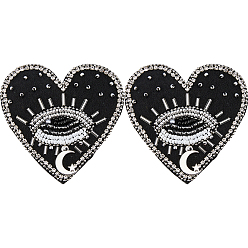 Noir 2 écussons brodés informatisés en tissu à coudre, appliques de paillettes, accessoires de costumes, avec des perles, coeur et oeil, noir, 71x69x4.5mm