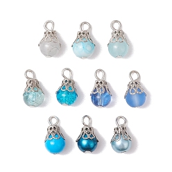 Темно-Голубой Стеклянные подвески, круглые, с железными колпачками для бусин и петлей из плоских головок, глубокое синее небо, 16x8.5 мм, отверстие : 2.5 мм