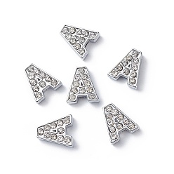Letter A Alloy Initial Slide Charms with Grade A Rhinestones, Lead Free & Nickel Free, Platinum, Letter.A, 12~13x8~13x4~5mm, Hole: 8x2mm