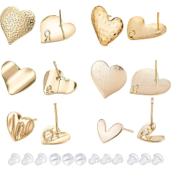 Golden 12Pcs 6 Style Brass Stud Earring Findings, with Loop, with Plastic & Silicone Ear Nuts, Heart, Golden, 9.5~20x10~10x1mm, Hole: 2~2.5mm, Pin: 0.5~0.9mm, 2pcs/style