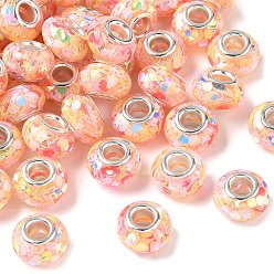Персиковый Слойка Прозрачные европейские бусины-рондель из смолы, с пайетками и латунными сердечниками платинового тона, бусины с большим отверстием, розовые, 14x8.5 мм, отверстие : 5 мм