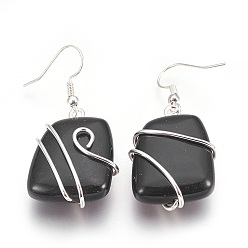 Black Agate Natural Black Agate Dangle Earrings, with Silver Color Plated Brass Findings, Rectangle, 47mm, Pin: 0.7mm