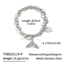 Stainless Steel Color 304 Stainless Steel Ocean Holiday Fish Tail Charm Bracelets with Natural Freshwater Pearl and OT Clasps, White, Stainless Steel Color, 7.87 inch(20cm)