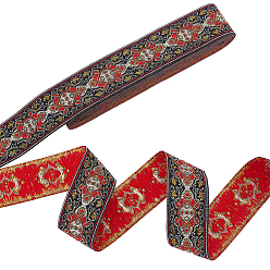 Colorful 7M Flat Ethnic Style Polyester Embroidered Floral Ribbon, Clothes Accessories, Colorful, 1-1/4 inch(33mm), about 7.66 Yards(7m)/pc