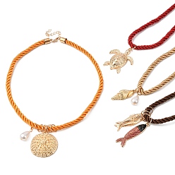 (52) Непрозрачная лаванда 4 шт. 4 стили ожерелья из хлопкового шнура с подвеской в форме ракушки из сплава рыбы и морской звезды для женщин, с пластиковой жемчужины, разнообразные, золотой свет, разноцветные, 16.93 дюйм (43 см), 1 шт / стиль