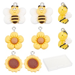 Mixed Color 40Pcs 4 Style Resin Pendants, with Platinum Iron Peg Bail, Flower & Bee, Mixed Color, 19~25x15~24x5~10mm, hole: 1.8~2mm, 4 style, 10pcs/color, 40pcs