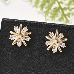 Снежинка Женские серьги-гвоздики из латуни с микропаве и прозрачным кубическим цирконием, без кадмия и без свинца, долговечный, стойки покрытие, золотые, снежинка, 10.5 мм